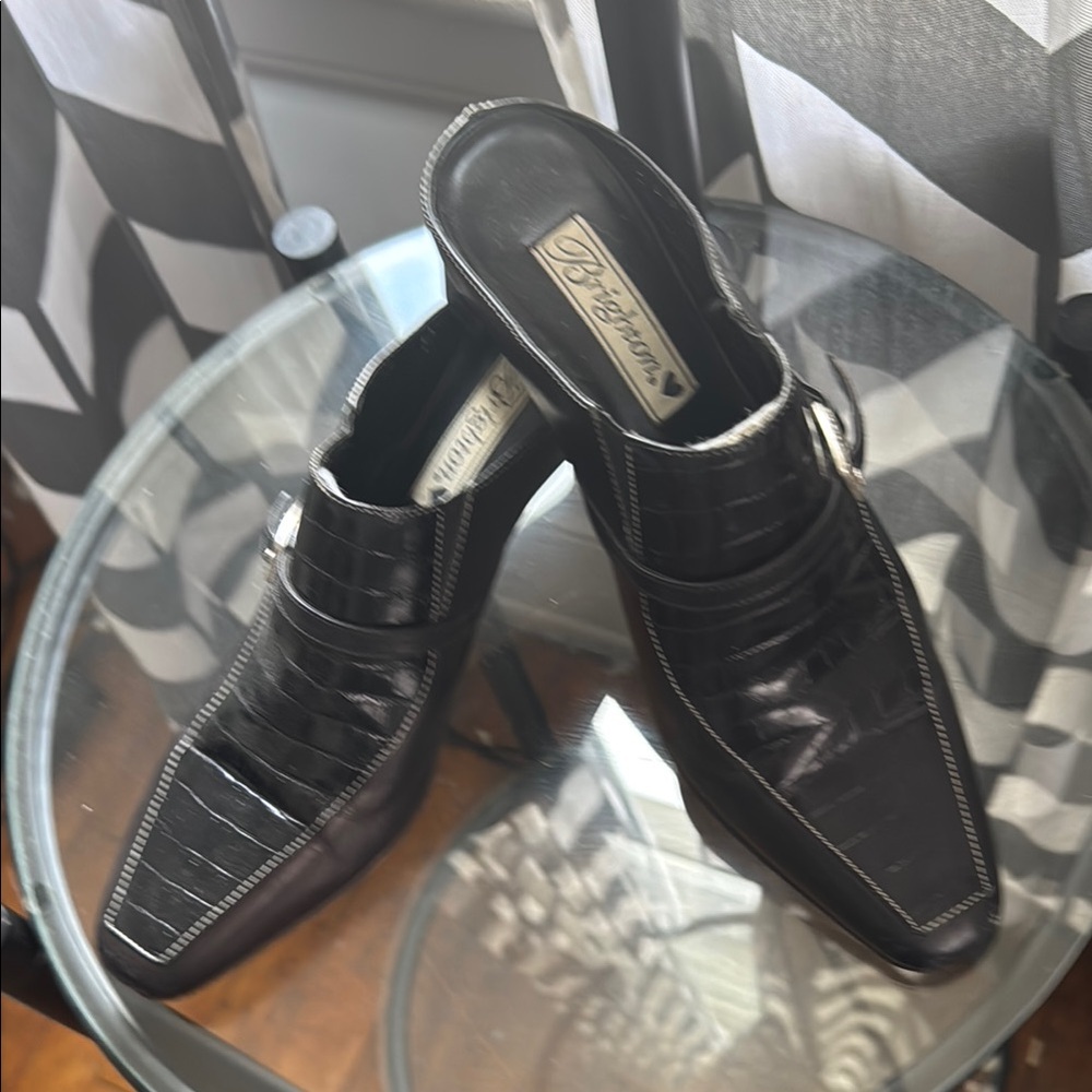 Brighton Black Croc-Embossed Mules